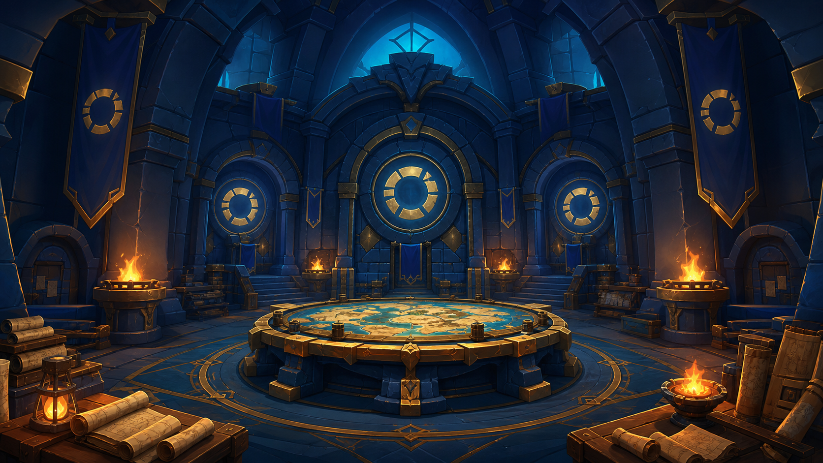 A stylized fantasy guild strategy hall with a prepared map table